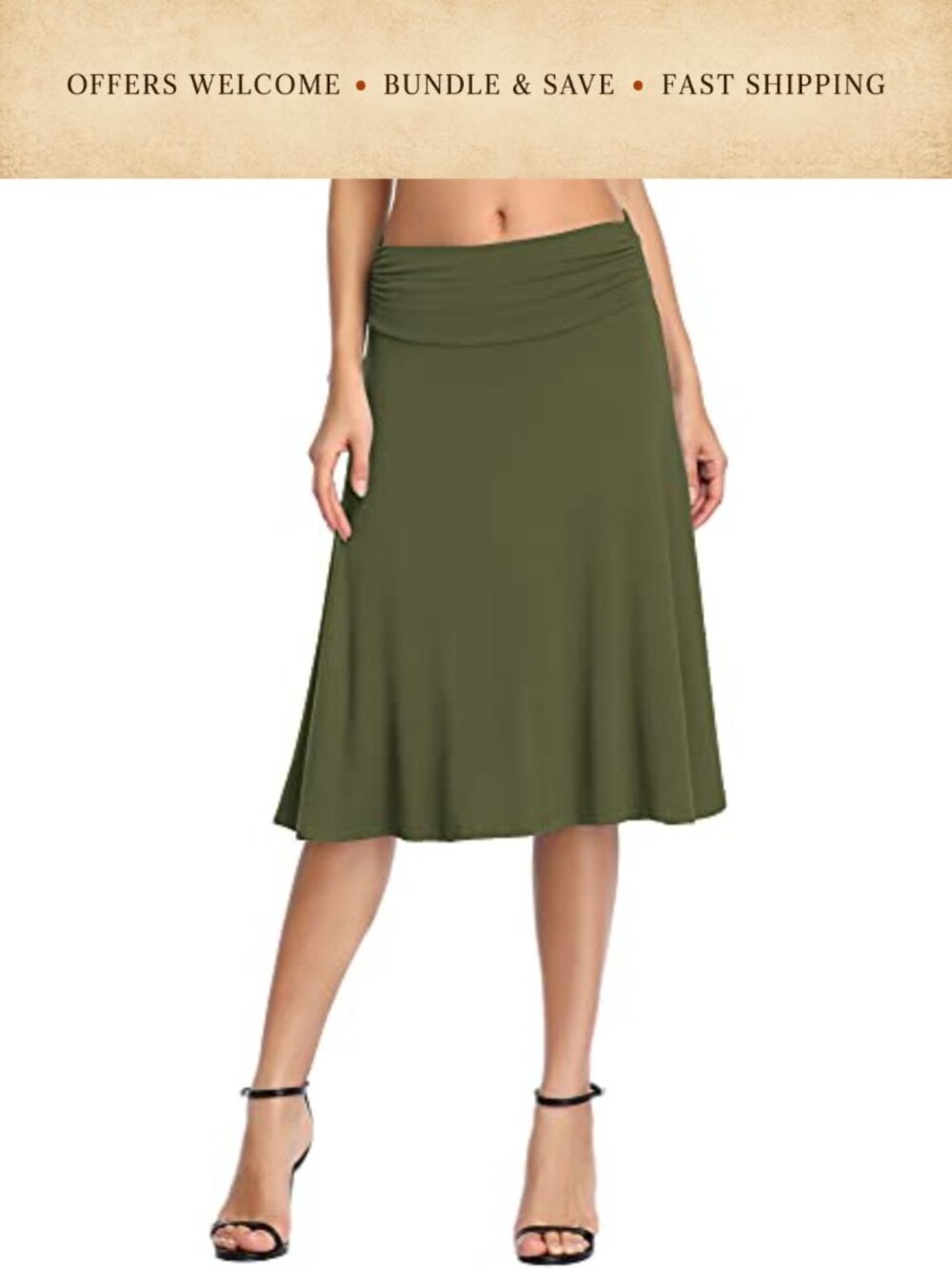 Women's Ruched High Waist A-Line Flared Knee Length Jersey Midi Skirt